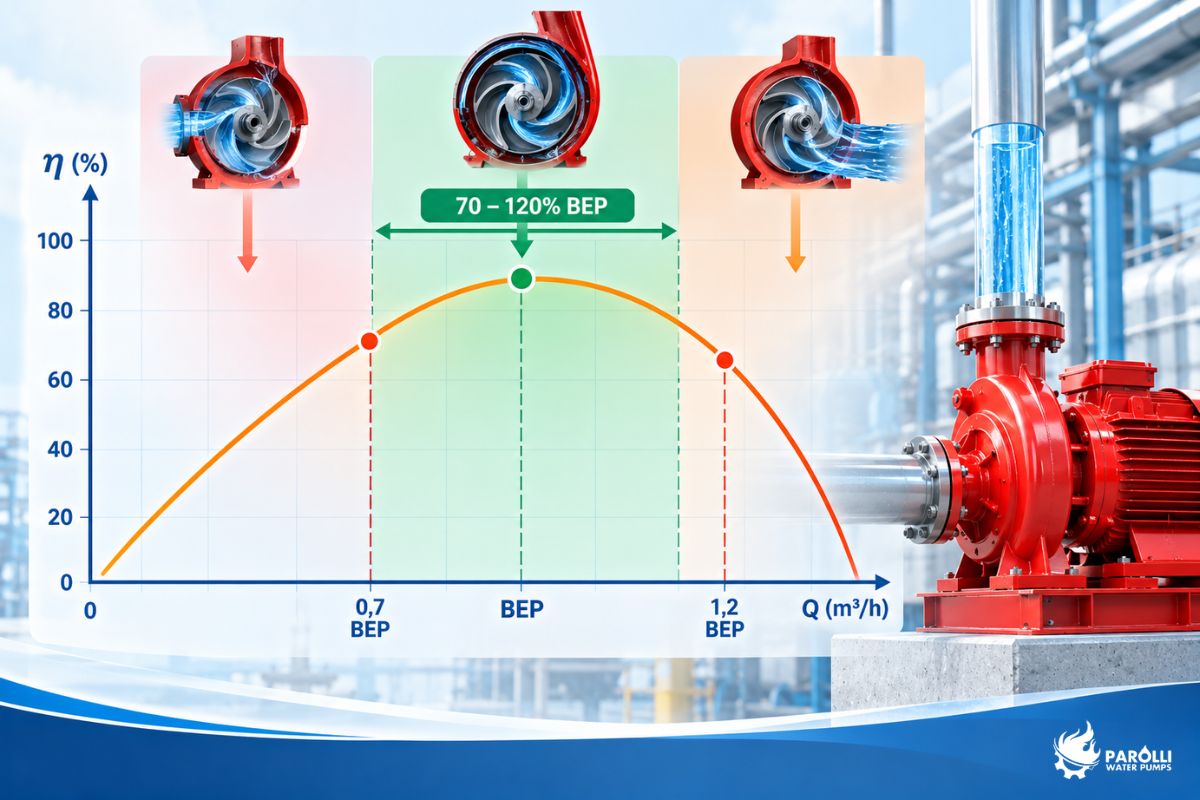 Đường hiệu suất máy bơm và vùng làm việc ưu tiên quanh điểm BEP