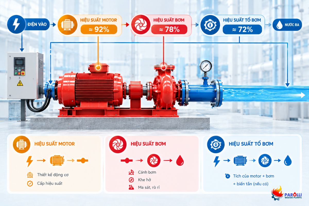 Sơ đồ hiệu suất máy bơm từ điện đầu vào đến năng lượng nước nhận