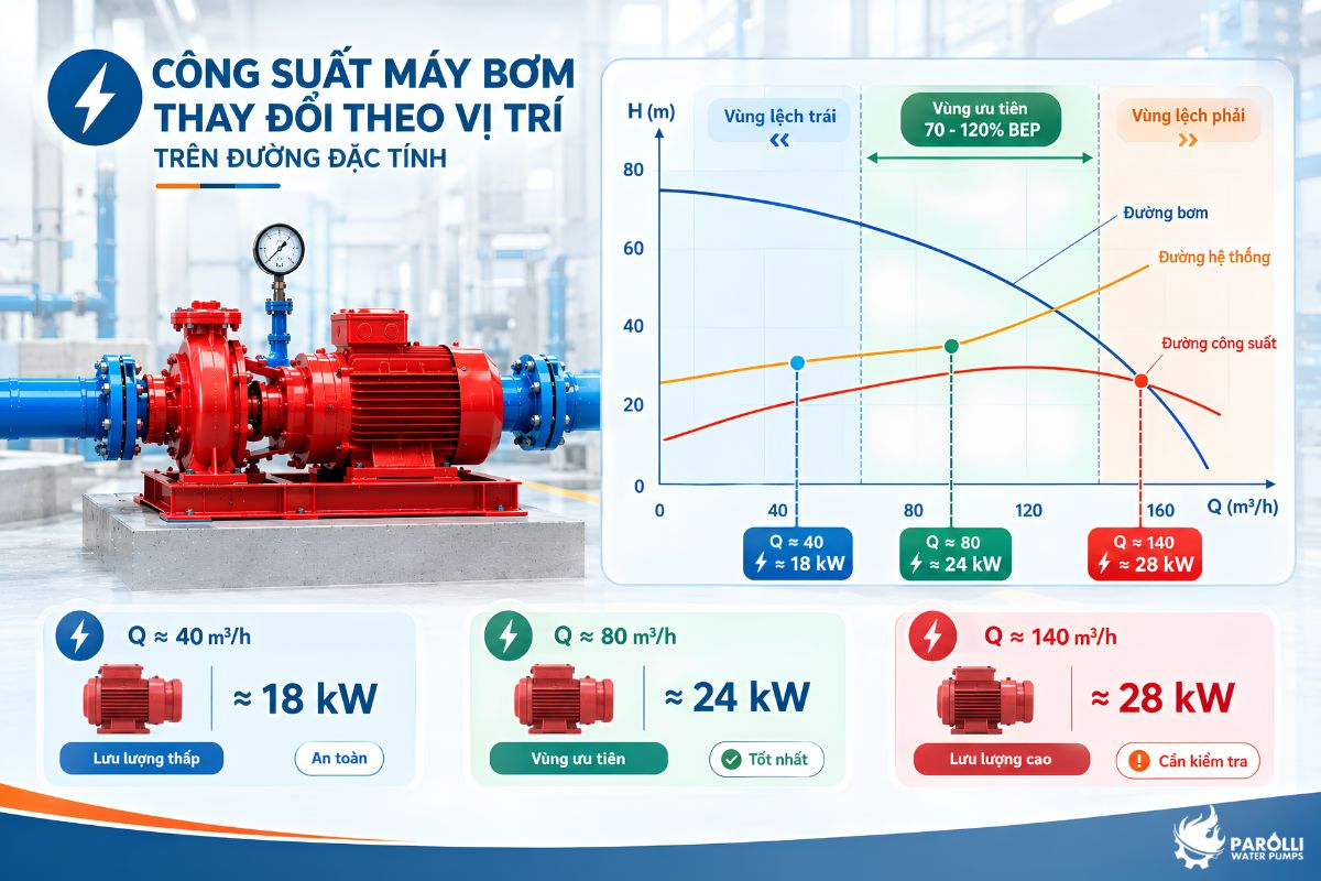 Đường đặc tính máy bơm với vùng làm việc ưu tiên quanh BEP và đường công suất
